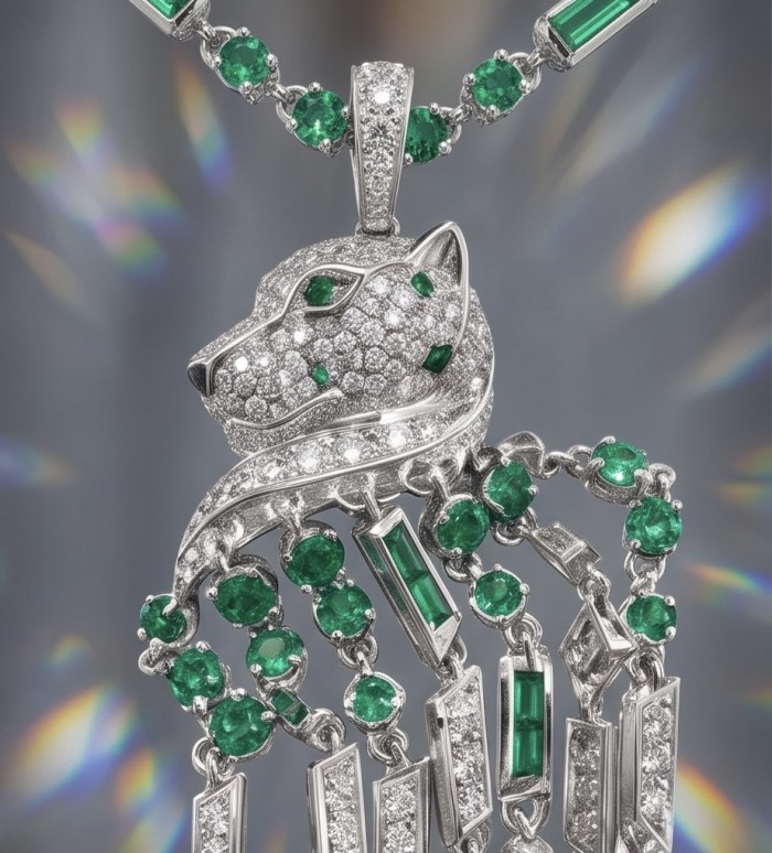 Cheetah 5.9 carat Emerald 3.5 carat Moissanite .925 Sterling Silver handcrafted Statement Necklace; 28 inches long - Cheetah pendant with emeralds and moissanite, close-up view.
