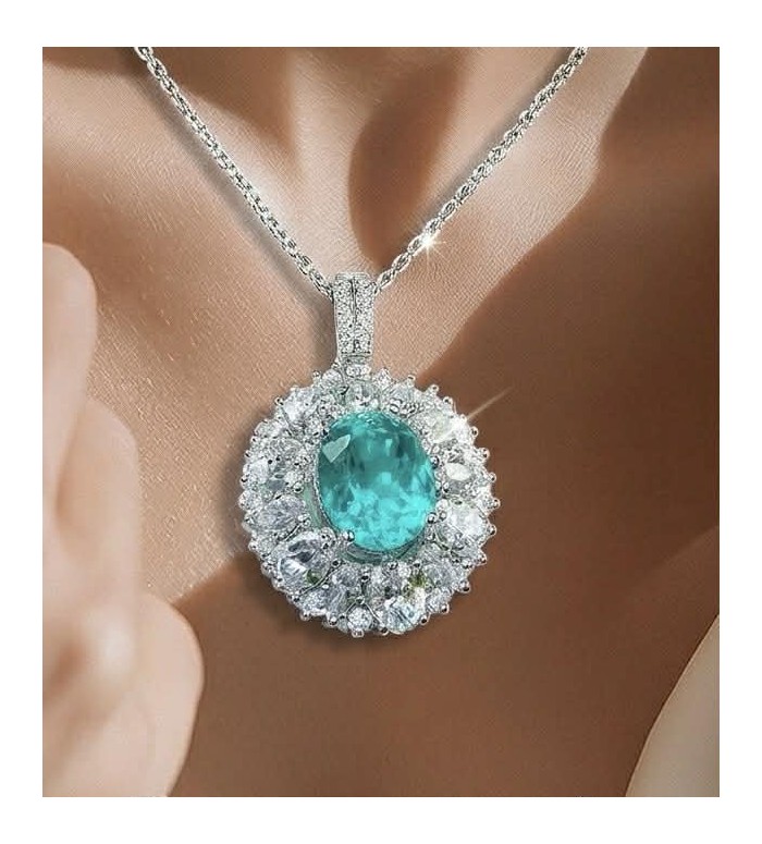 Wonderland 6.8 carat Paraiba Tourmaline .925 Sterling Silver Handcrafted Statement necklace - Paraiba Tourmaline necklace worn, close-up on gemstone and setting.