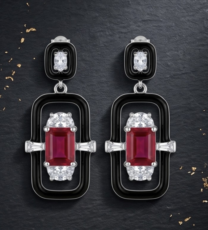Art Deco - 4.5 carat Ruby enamel .925 Sterling Silver handcrafted incredible earrings - Art Deco earrings front view, ruby and enamel, sterling silver setting.