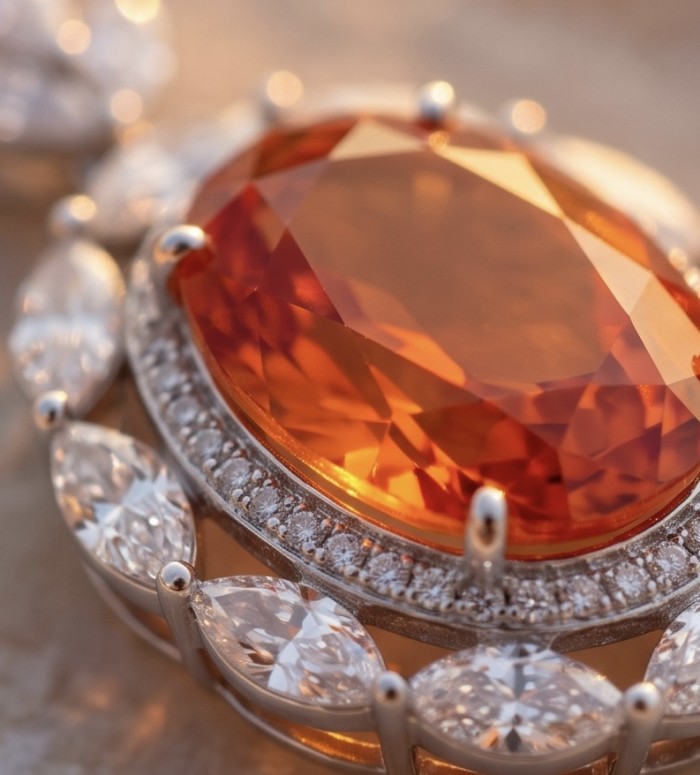 Rare Luxurious 19.9 carat natural Natural Orange Sapphire from Ceylon .925 Sterling Silver .925 Sterling Silver Statement Necklace - Close-up of 19.9 carat natural orange sapphire with diamond accents