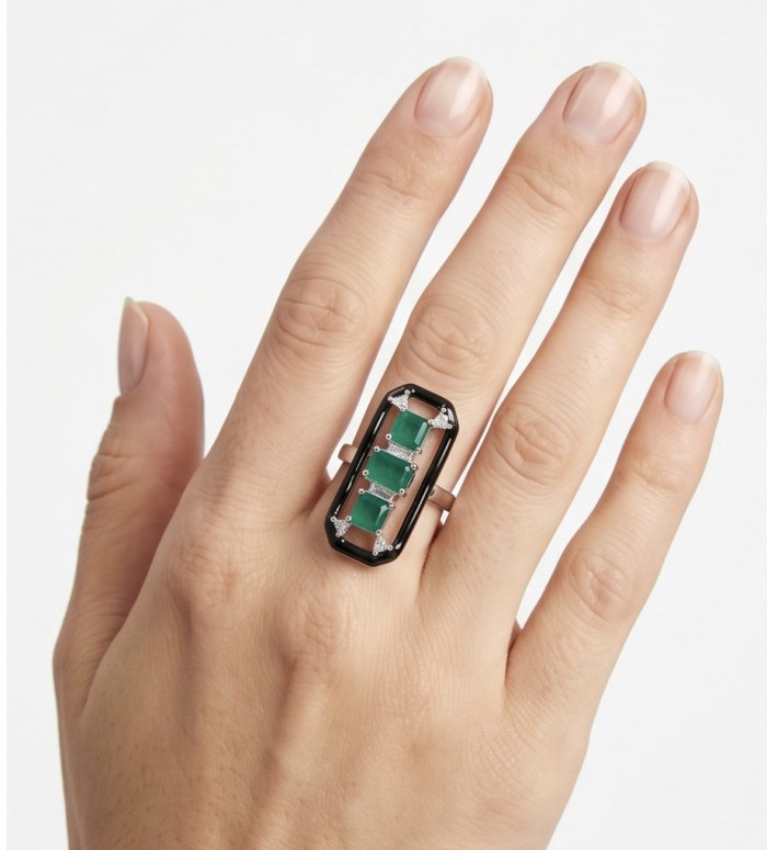 Art Deco 6.2 carat Sapphire black enamel .925 Sterling Silver handcrafted Ring size 8 - Art Deco sapphire ring worn on hand, showcasing black enamel design.