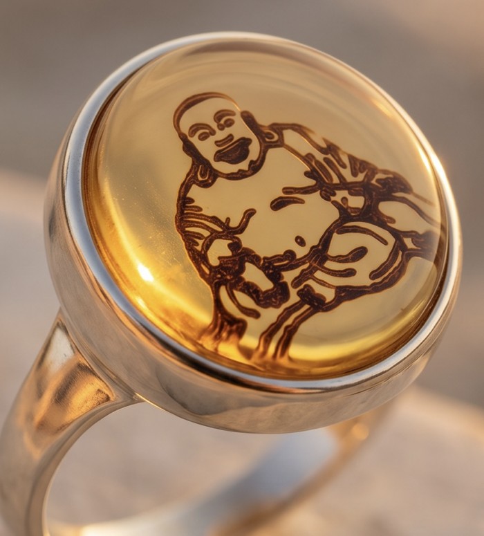 Buddha Authentic carved Baltic Amber .925 Sterling Silver handcrafted ring; s. 7 adjustable - Buddha carved amber ring close-up on sterling silver setting.