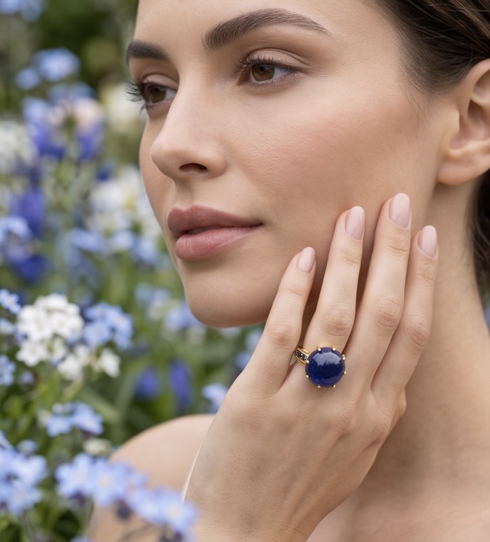 Blue Angel Genuine 34.5 carat Star Sapphire from Madagascar .925 Sterling Silver dipped in 18k Gold handcrafted Ring size 7 - Side view of blue sapphire ring worn on hand with floral background.