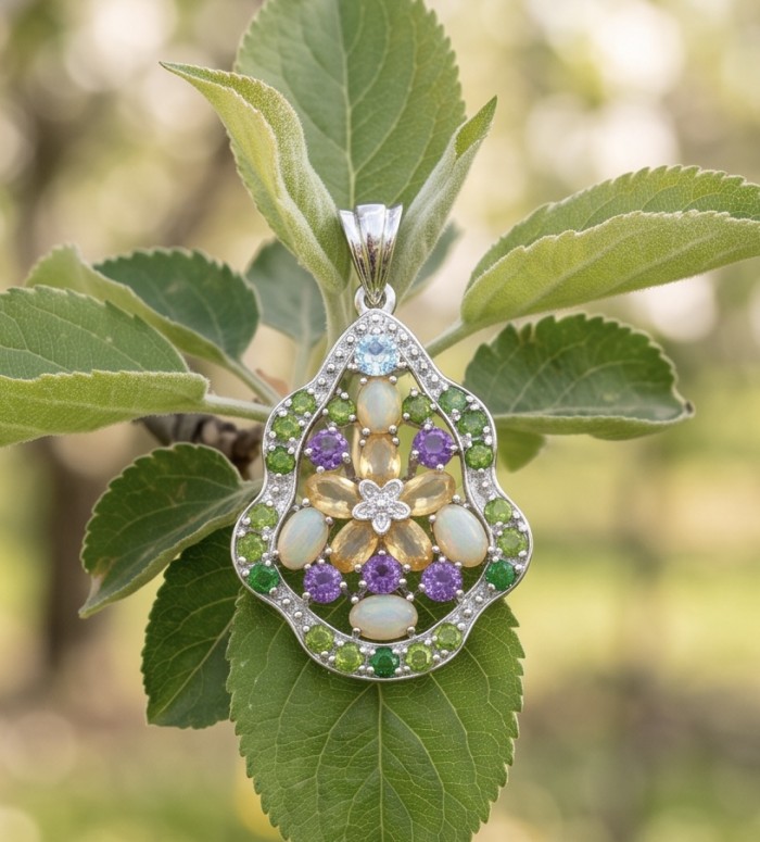 Giovanna - Authentic 18.9 carat Brazilian Citrine .925 Sterling Silver dipped in rhodium handcrafted Statement pendant - Jewelry pendant with colorful gemstones on a leaf, frontal view