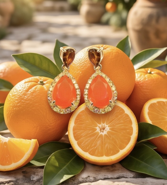 Valentina 9.9 carat Padparadscha Orange Sapphire 22K Gold over .925 Sterling Silver handcrafted earrings - Orange sapphire earrings with oranges; front view display.