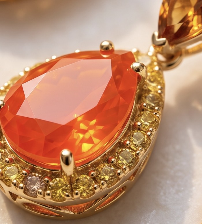 Valentina 9.9 carat Padparadscha Orange Sapphire 22K Gold over .925 Sterling Silver handcrafted earrings - Close-up of orange sapphire in gold setting with yellow stones.