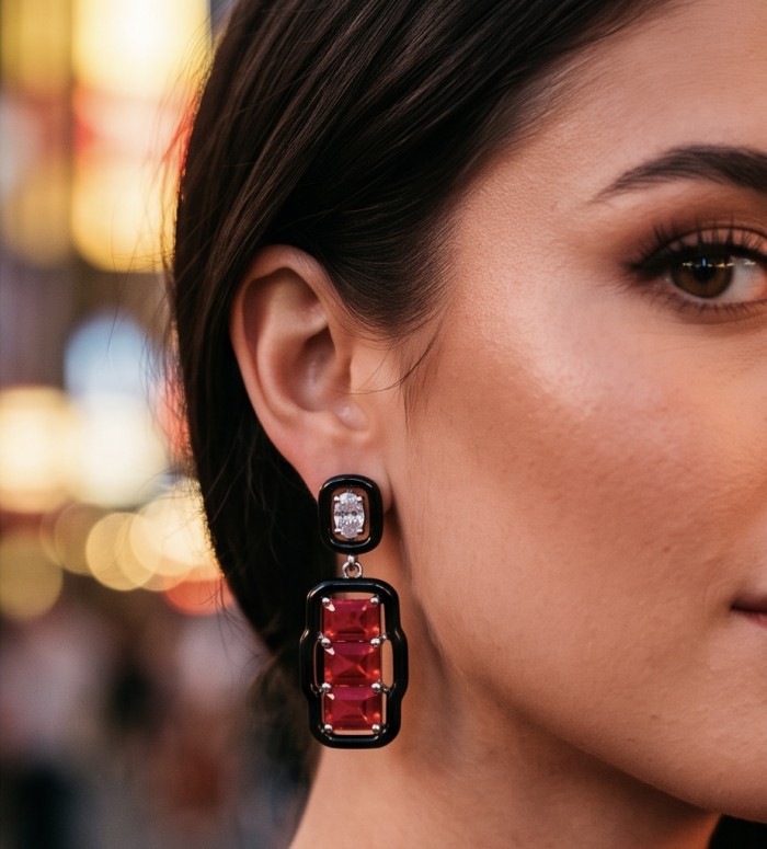 Art Deco - 8.5 carat Ruby enamel .925 Sterling Silver handcrafted incredible earrings - Earring with ruby stones and enamel worn on ear, close-up view.