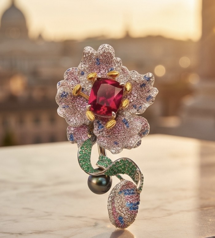 Enchanted Flower 45.5 carat pave Mozambique Ruby Black Pearl 22K Gold over .925 Sterling Silver handmade Pendant - Brooch - Jewelry with ruby flower design on marble background at sunset
