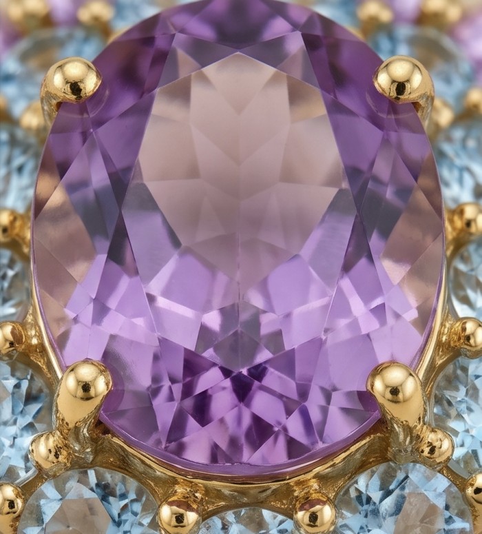 Serenity 28.8 carat Precious Amethyst .925 Sterling Silver dipped in 18K Gold handcarfted Pendant - Close-up of Serenity amethyst and blue stones in gold prongs.