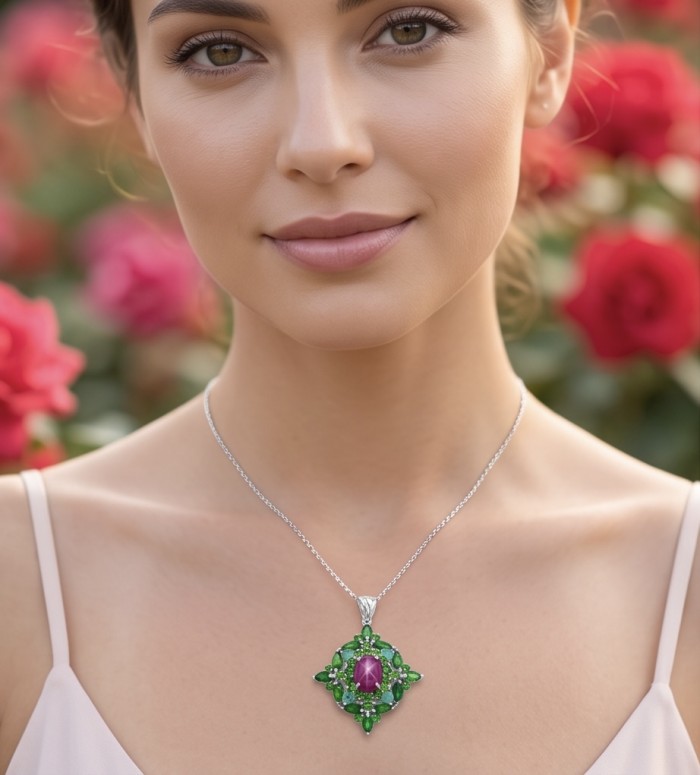 New World - authentic 22.5 carat Ruby rhodium over .925 Sterling Silver handcrafted Pendant - Woman wearing a necklace with 22.5 carat ruby, frontal view.