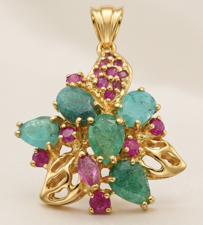 Amazonia - 12.8 carat Colombian Emerald 18k Gold over .925 Sterling Silver handmade Statement pendant - Gold pendant with emeralds and rubies, front view close-up.