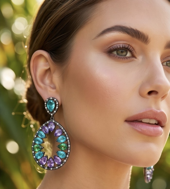 Angelina 17.9 carat authentic Aquamarine Amethyst black rhodium over .925 Sterling Silver Handcrafted Earrings - Close-up of model wearing colorful aquamarine and amethyst earrings.