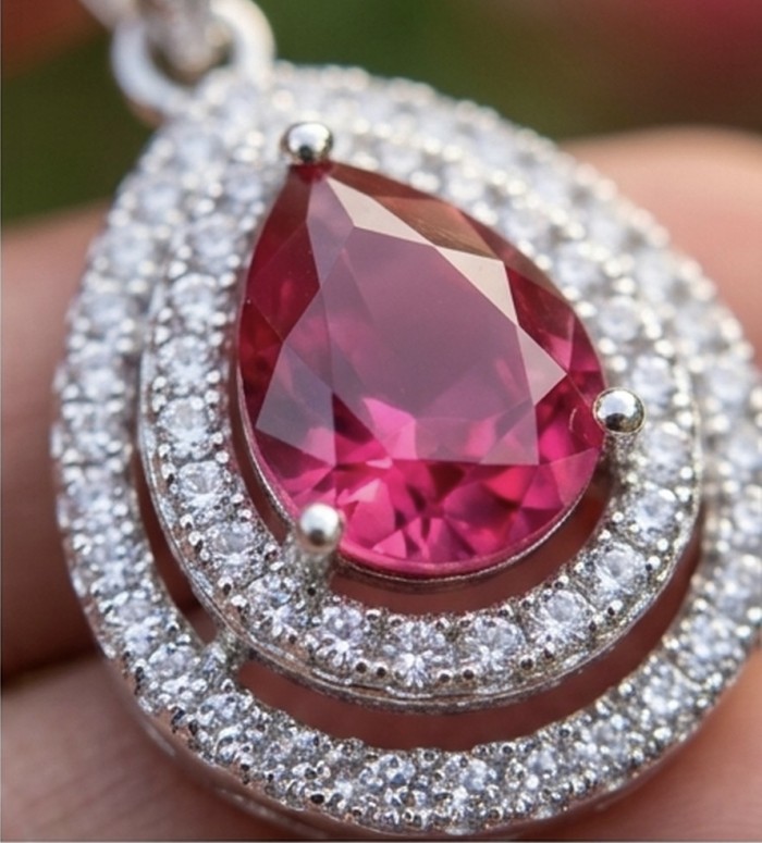 3.2 carat authentic Mozambique Ruby rhodium over .925 Sterling Silver handmade Pendant - Close-up of 3.2 carat Mozambique ruby pendant in rhodium over .925 silver.