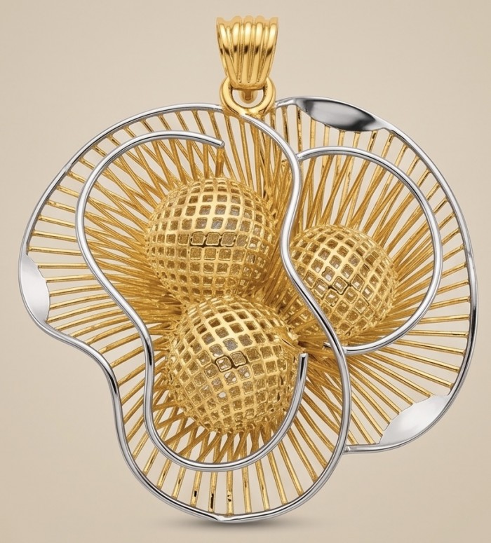 Dubai Style - Golden Rose .925 Sterling Silver dipped in 22K Gold handmade Pendant - Front view of intricate pendant, golden rose style in .925 silver dipped in 22K.