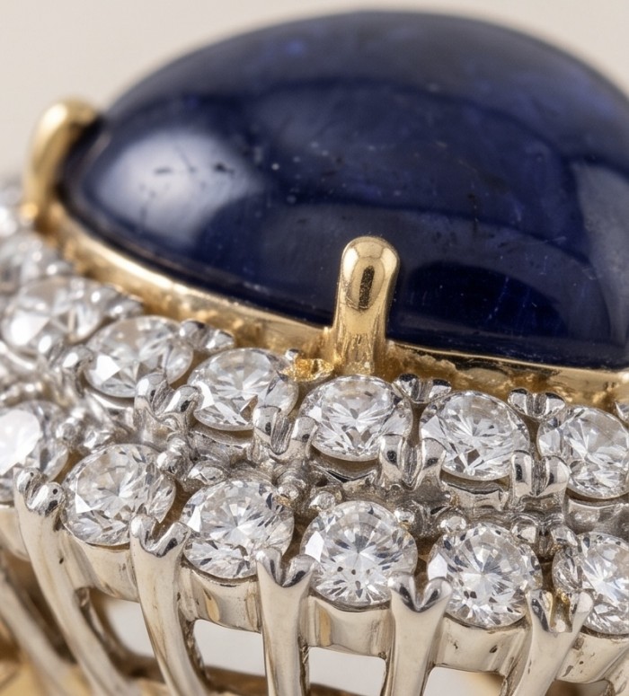 Blue Angel's Heart - Iconic design - Genuine 22.5 carat Sapphire .925 Sterling Silver dipped in 22K Gold handcrafted Ring size 6 - Close-up of Blue Angel's Heart ring with sapphire and diamonds.