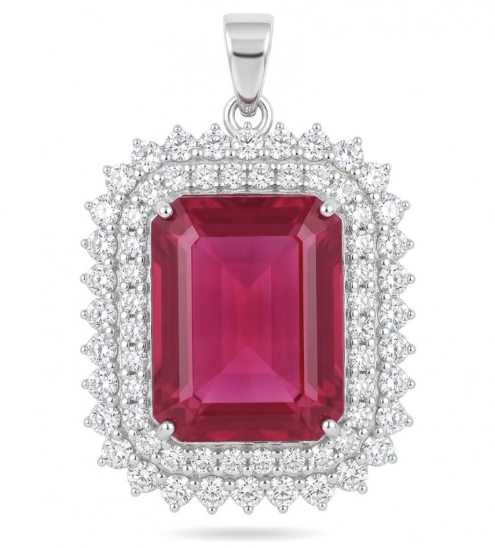 Rare finding! Deluxe 51.2 carat authentic emerald cut Kashmir Ruby rhodium over .925 Sterling Silver handmade Statement Pendant - Emerald cut ruby pendant with diamond halo, front view.