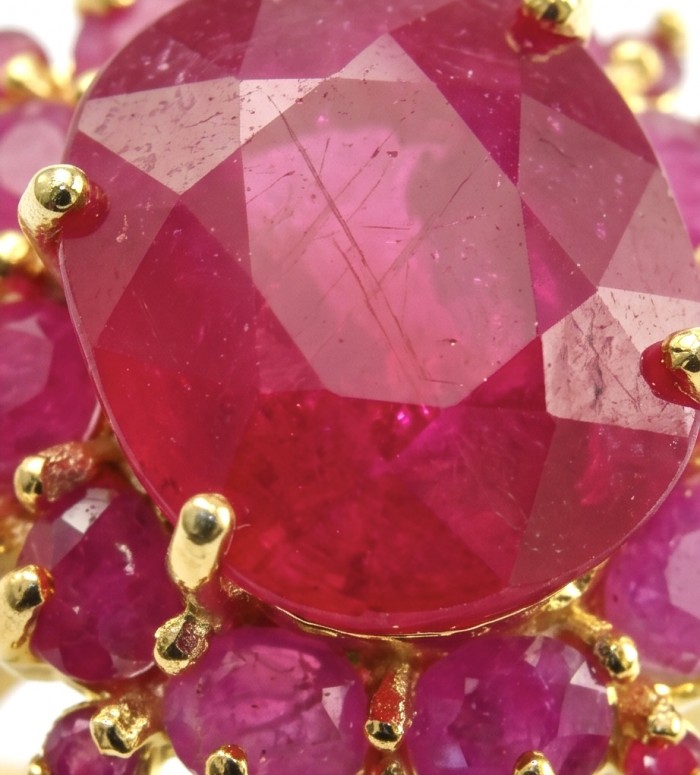 Blooming Garden Genuine 26.5 carat Kashmir Ruby .925 Sterling Silver dipped in 22K Gold Large Statement Ring size 8 3/4 - Close-up of Blooming Garden 26.5 ct Kashmir Ruby with gold prongs