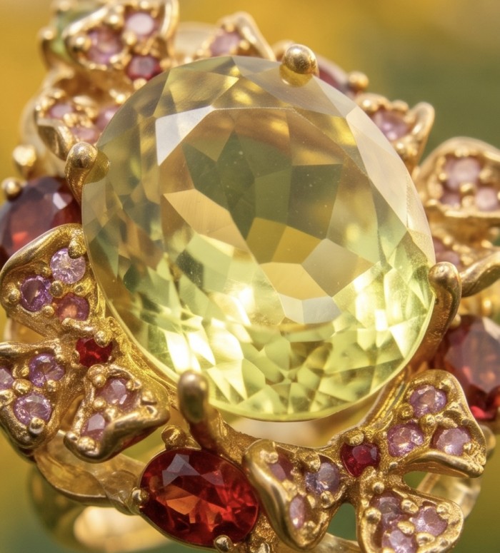 Costa del Sol 33.8 carat Genuine Lemon Quartz 22K Gold over .925 Sterling Silver handcrafted ring size 7 1/4 - Close-up of Costa del Sol Lemon Quartz ring with gold and red accents.