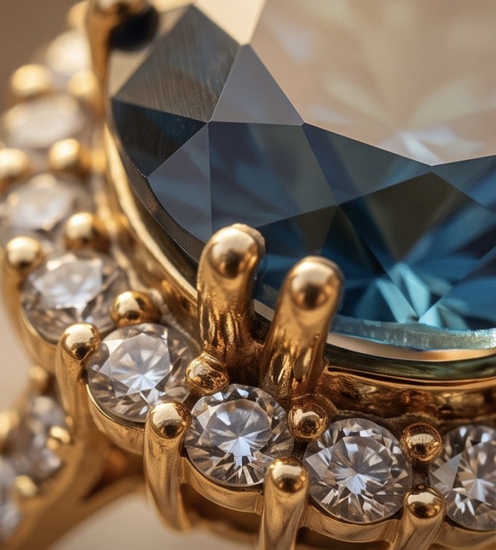 Atlantica rare round cut 17.9 carat authentic London Blue Topaz 22K Gold over .925 Sterling Silver Handcrafted Ring size 7 1/2 - Close-up of London Blue topaz ring with surrounding diamonds