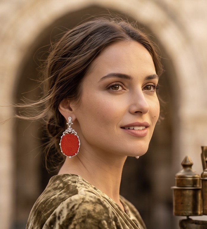 Ancient Mystery carved Fossilized Coral rhodium over .925 Sterling Silver handmade Statement Large earrings - Side view of Ancient Mystery carved Coral earrings worn by a model.