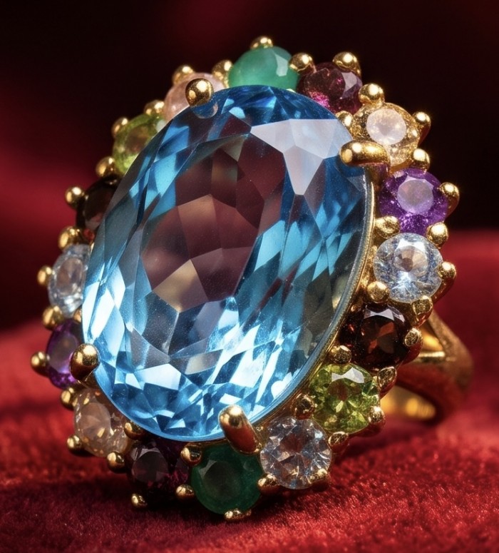 The Ocean Empress 55.8 carat Swiss Blue Topaz 22K Gold over .925 Sterling Silver dipped in rhodium handcrafted ring size 8 - Close-up of "The Ocean Empress" ring with Swiss Blue Topaz and gemstones.