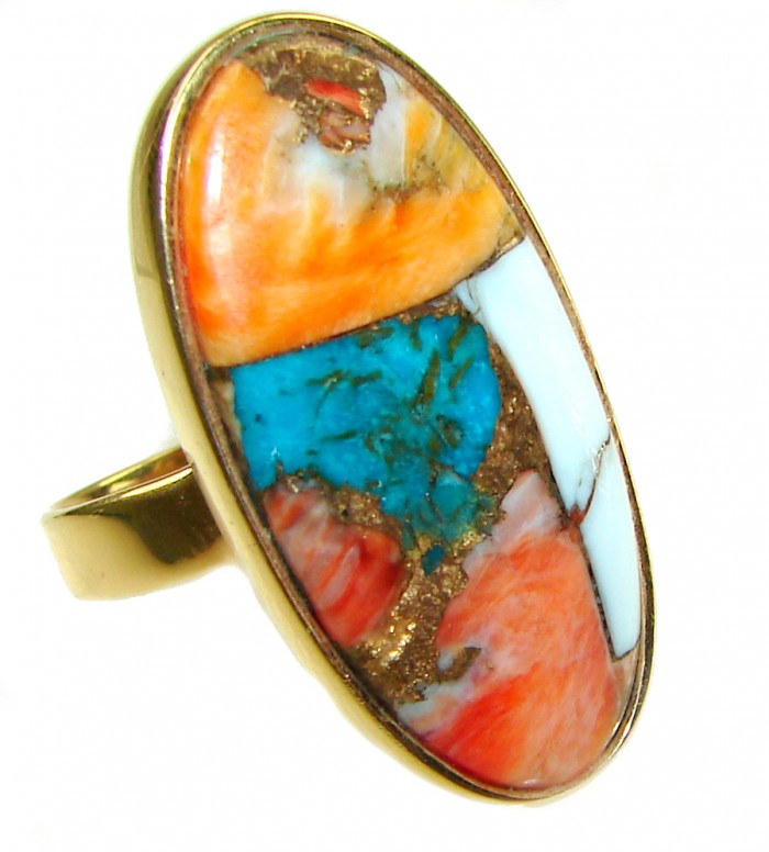 Rare 29.5 carat Oyster Turquoise 18K Gold over .925 Sterling Silver handcrafted Large ring; s. 7 adjustable - Close-up of Rare 29.5 carat Oyster Turquoise ring in 18K Gold over Sterling