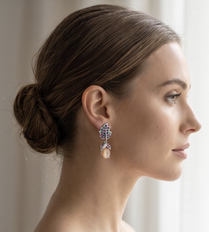 Giovanna 18.2 carat Golden Sapphire .925 Sterling Silver dipped in rhodium Statement Earrings - Side view of a woman wearing Giovanna 18.2 carat golden sapphire earrings