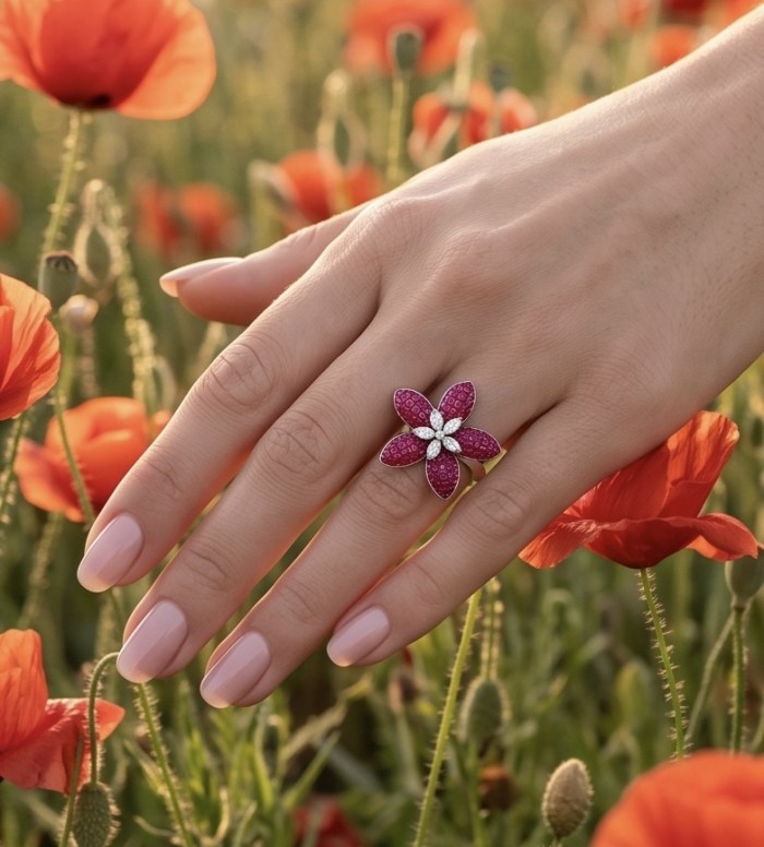 Born to Glam authentic 4.2 carat Ruby rhodium over .925 Silver handcrafted Ring s. 8 - Ruby ring worn on hand among red poppies, top view.