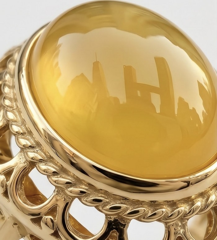 Vintage Style Authentic Golden Butterscotch Baltic Amber 18K Gold over .925 Sterling Silver entirely handcrafted ring; s. 8 1/4 - Stone close-up of vintage golden Baltic amber ring detailing.
