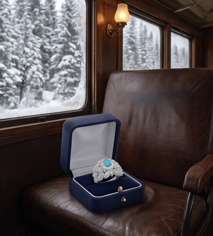 Elizabeth 2.8 carat Colombian Emerald 12.2 carat Moissanite .925 Sterling Silver dipped in Rhodium handcrafted Ring size 9 1/4 - Fine jewelry on train seat, snow scene through window, ring in box close-up.