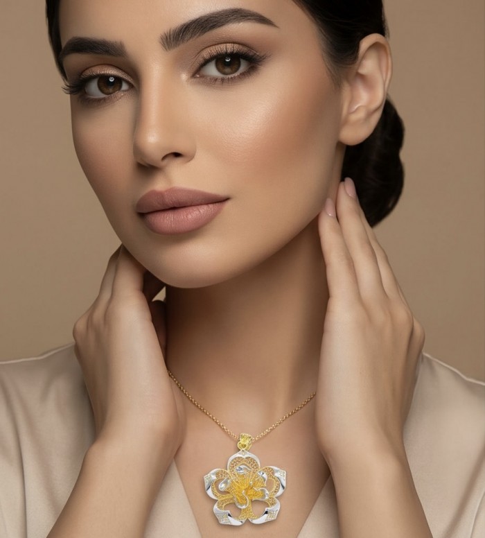 Dubai Style - Golden Rose .925 Sterling Silver dipped in 22K Gold handmade Pendant - Woman wearing Dubai Style Golden Rose pendant, front view.