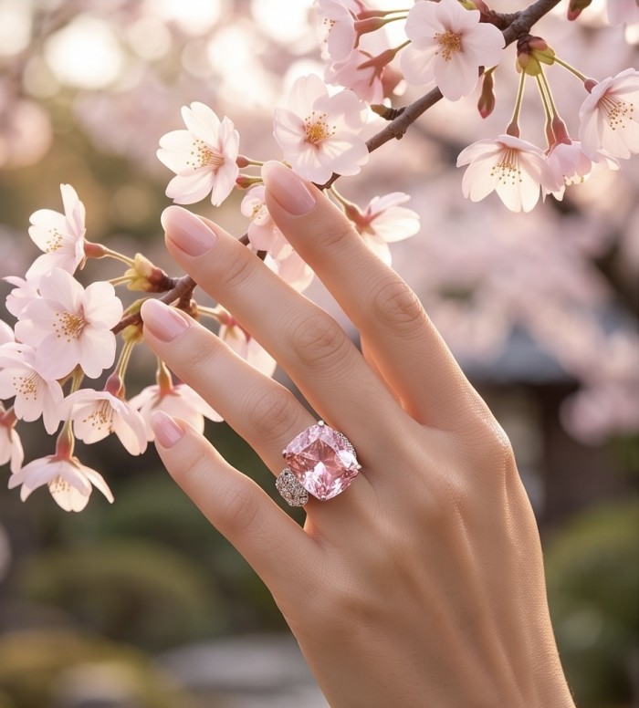 Authentic emerald cut 12.2 carat volcanic Morganite 14K White Gold over .925 Sterling Silver ring s. 6 - Hand wearing cushion cut Morganite ring with cherry blossoms in background