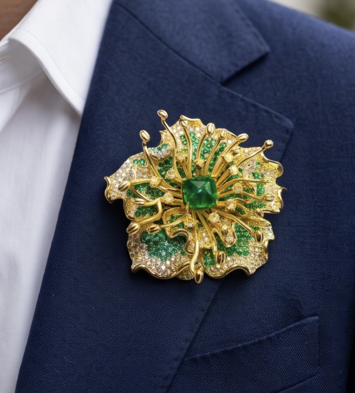 Nature-inspired piece - Amazonia - Green Rose - Genuine 42.5 carat Emerald 14K Gold over .925 Sterling Silver handmade Pendant - Brooch - Amazonia brooch worn on a navy suit, showcasing elaborate green design.