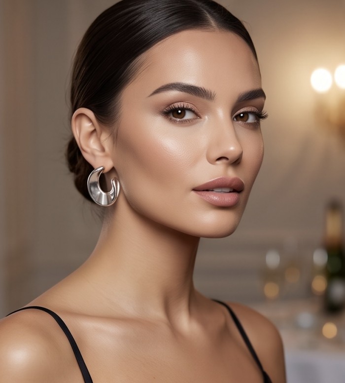 LARGE - EXTRAVAGANZA - Highly Polished Fancy .925 Sterling Silver Italy made Earrings - Side view, woman wearing LARGE - EXTRAVAGANZA silver hoop earrings