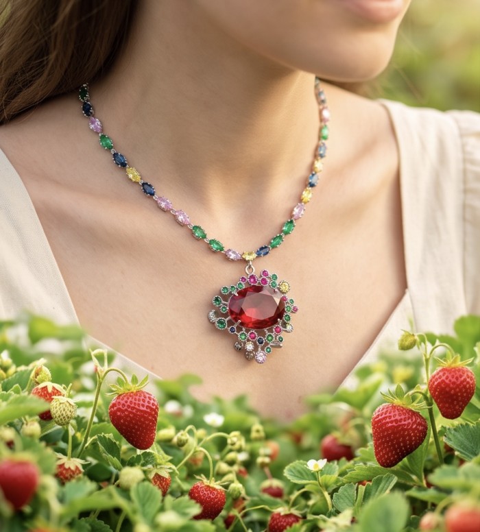 DEVOTION - 27.5 carat Pink Topaz RHODIUM over .925 Silver handcrafted Statement necklace - Necklace with large pink topaz pendant, worn by model in strawberry field.