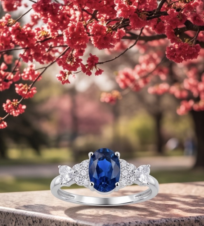 Stella emerald cut 1.5 carat Sapphire .925 Sterling Silver handmade Statement ring size 8 - Sapphire sterling silver ring close-up with floral backdrop