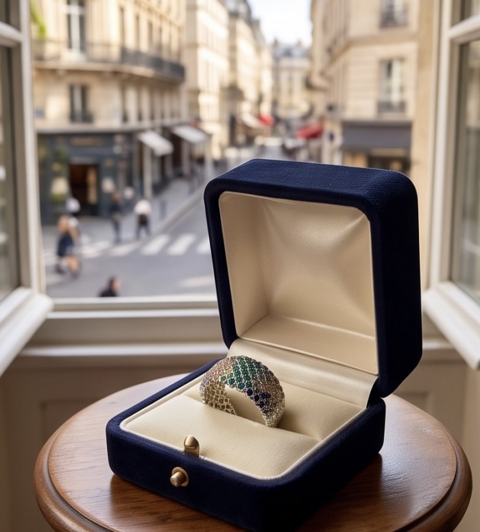 My own Rainbow - authentic 8.7 carat multigem .925 Sterling Silver Eternity Ring size 6 - Rainbow multigem bracelet in open box with cityscape background