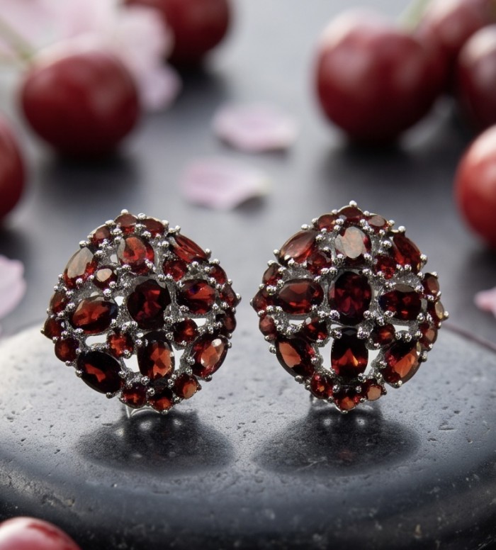 María Rosa - Real Art - Natural 20.2 carat Garnet from Madagascar .925 Sterling Silver handcrafted Large Statement earrings - Close-up of María Rosa garnet earrings with cherry backdrop.
