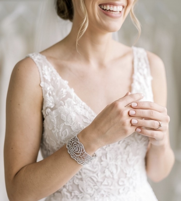 Dolce Vita - Precious Natural 12.5 carat pave White Topaz rhodium over .925 Sterling Silver handcrafted bracelet - Bracelet on wrist, delicate lace design, worn with white lace dress.