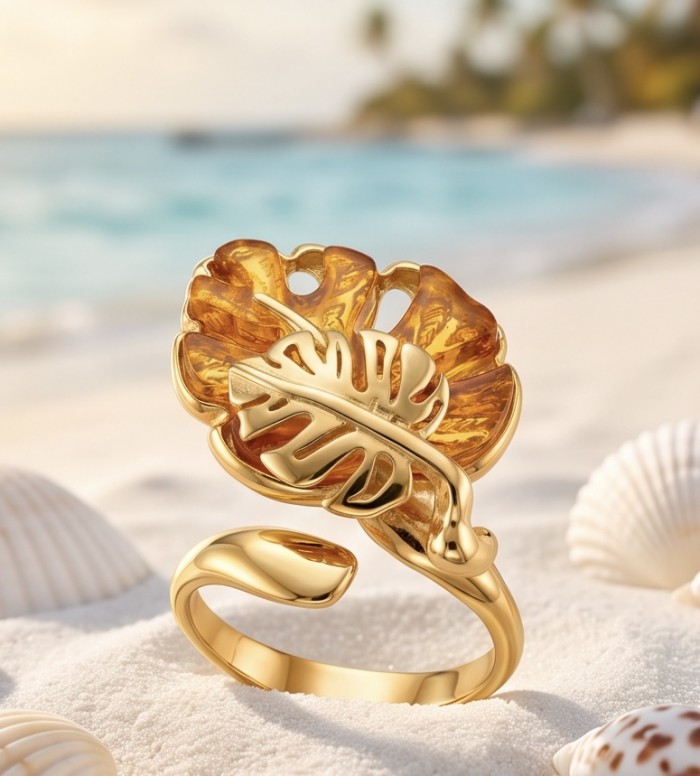 Golden Leaf Authentic Golden carved Baltic Amber .925 Sterling Silver entirely handcrafted ring; s. 6 adjustable - Golden Leaf Ring with Baltic Amber on beach with seashells, close-up view