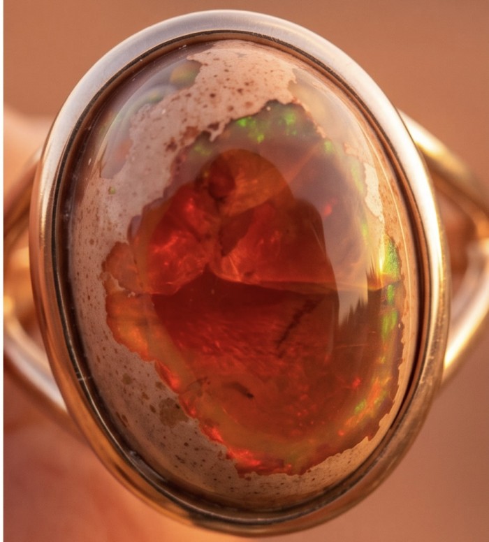 Golden Galaxy best quality 15.2 carat Mexican Opal 18K Gold over .925 Sterling Silver handmade ring 8 - Close-up of Golden Galaxy 15.2 ct Mexican Opal in 18K gold setting