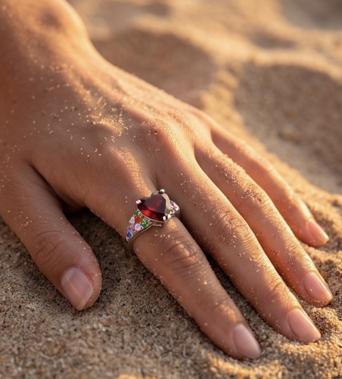 Red Heart 4.8 carat natural Garnet rhodium over .925 Sterling Silver Handcrafted Ring size 7 - Heart-shaped garnet ring worn on sandy hand