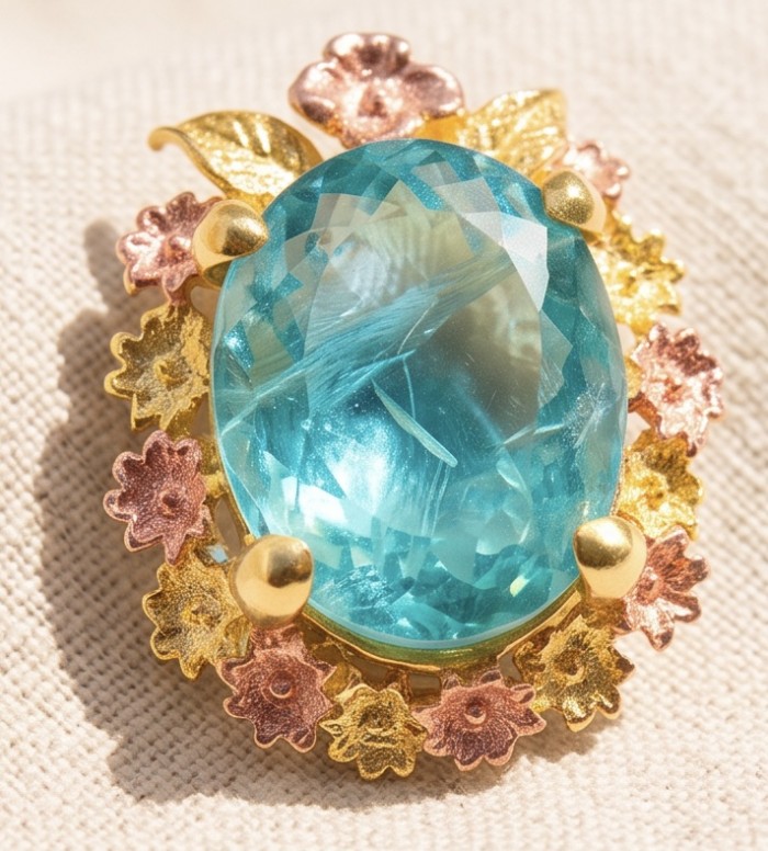 Luxurious 31.6 carat Apatite from Kenya 2 tones 18K Gold over .925 Sterling Silver handmade Pendant - Close-up of a 31.6 carat apatite in two-tone 18K gold floral setting