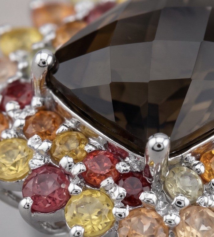 Serenity 16.5 carat Champagne Smoky Topaz Sapphire rhodium over .925 Sterling Silver handcrafted Ring size 6 - Stone close-up of colorful gemstones surrounding a smoky topaz.
