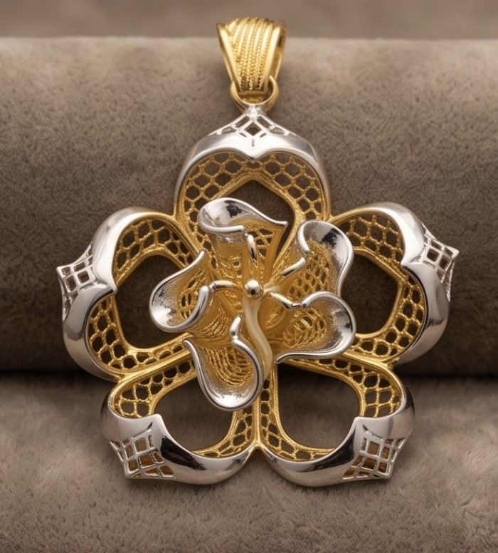 Dubai Style - Blooming Golden Rose .925 Sterling Silver dipped in 22K Gold handmade Pendant - Front view of Dubai Style Blooming Golden Rose sterling silver pendant