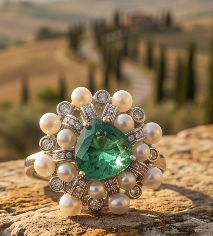 Authentic 7.5 CARAT natural Colombian Emerald 4.2 Moissanite .925 Sterling Silver handcrafted Ring size 7 - Emerald ring close-up with pearls and diamonds in scenic background.