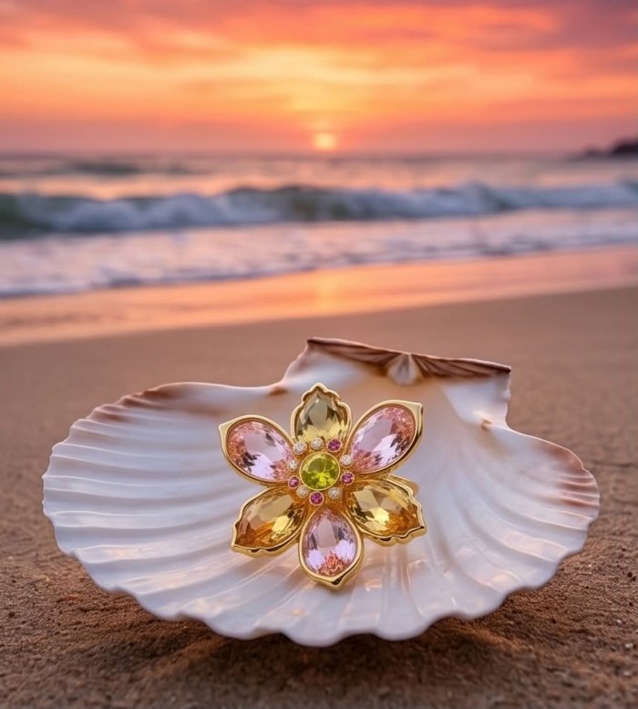 Cherry Blossom 27.5 carat Pink Amethyst Citrine 14K Gold over .925 Silver handcrafted Cocktail Ring s. 7 - Flower brooch in shell with pink amethyst citrine, sunset beach background.