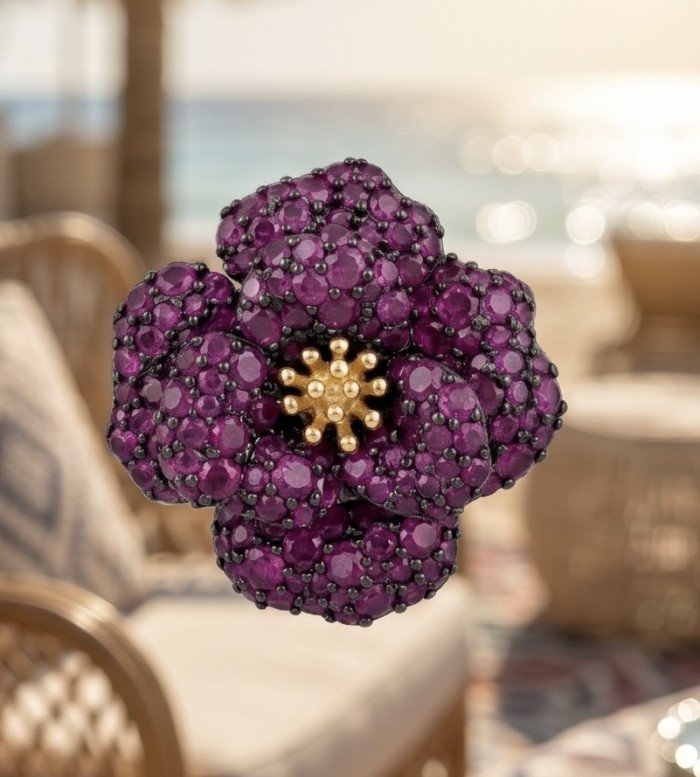Exotic Flowers - 18.8 carat Mozambique Ruby .925 Sterling Silver dipped in rhodium 22K Gold handmade Statement Earrings - Close-up of Exotic Flowers brooch with Mozambique rubies and gold accents