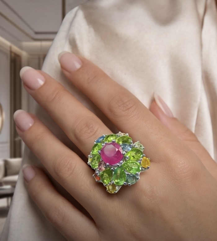 Blooming Garden 6.8 carat Mozambique Ruby 15.5 carat Peridot rhodium over .925 Sterling Silver handmade Statement Ring size 8 adjustable - photo 2