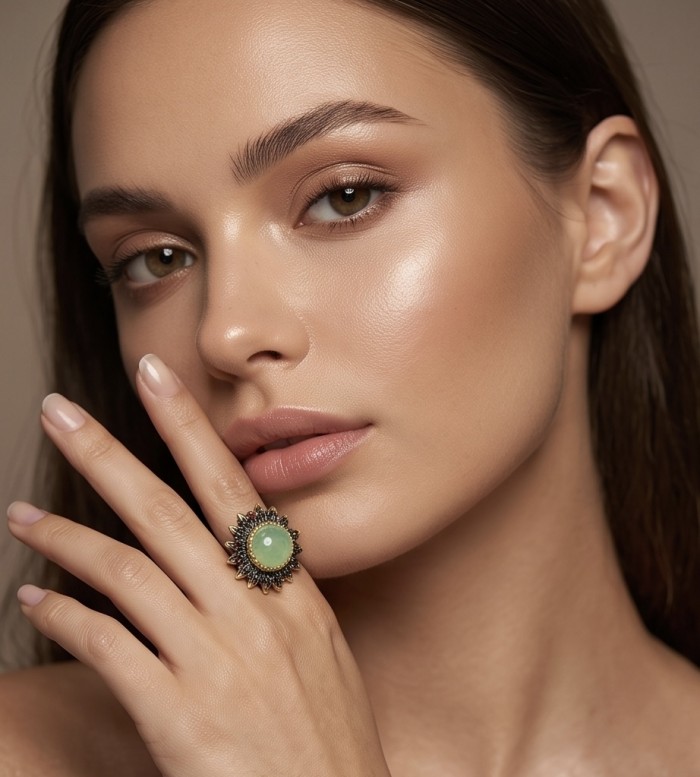 Vintage Style Best quality 22.8 carat Prehnite 2 tones .925 Sterling Silver handcrafted Ring Size 6 - Worn on hand; vintage-style ring with 22.8 carat Prehnite stone.